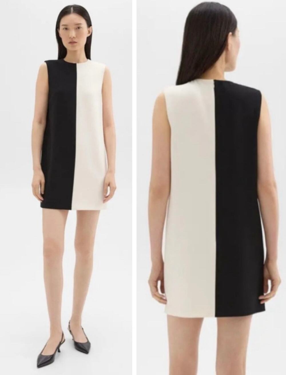 ✨Theory Split Shift Admiral Crepe Sleeveless Black Ivory Dress Minimalist Sz 8